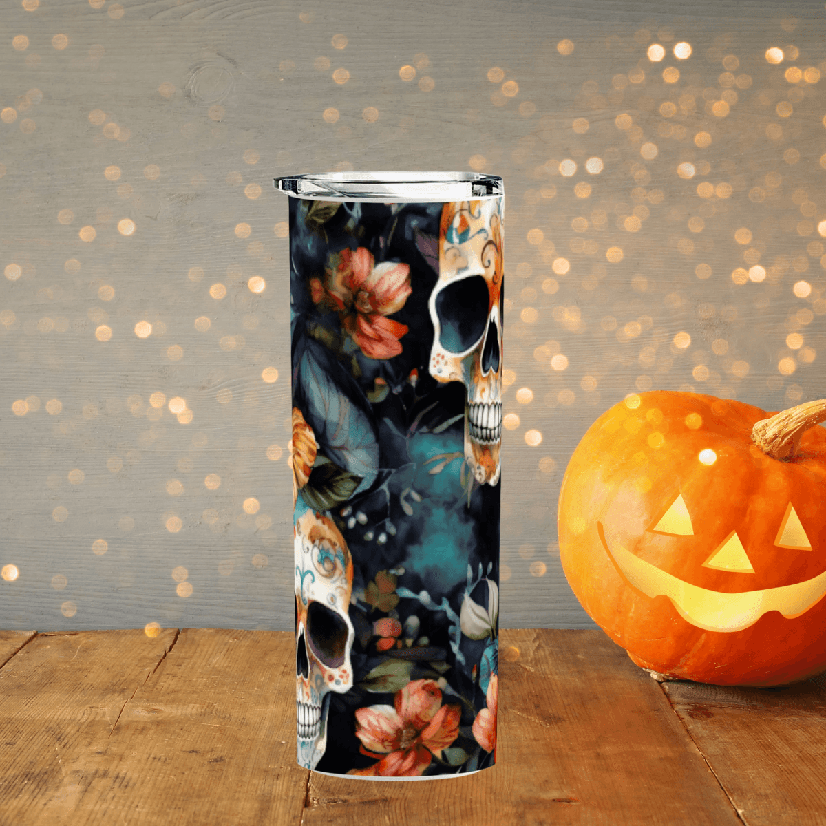 20 oz Skinny Skull & Flowers Tumbler - iheartgiftcart