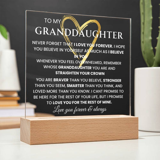 To My Granddaughter- "Never Forget That I Love You" | Granddaughter Gift| Birthday Gift| Keepsake with Nightlight LED option