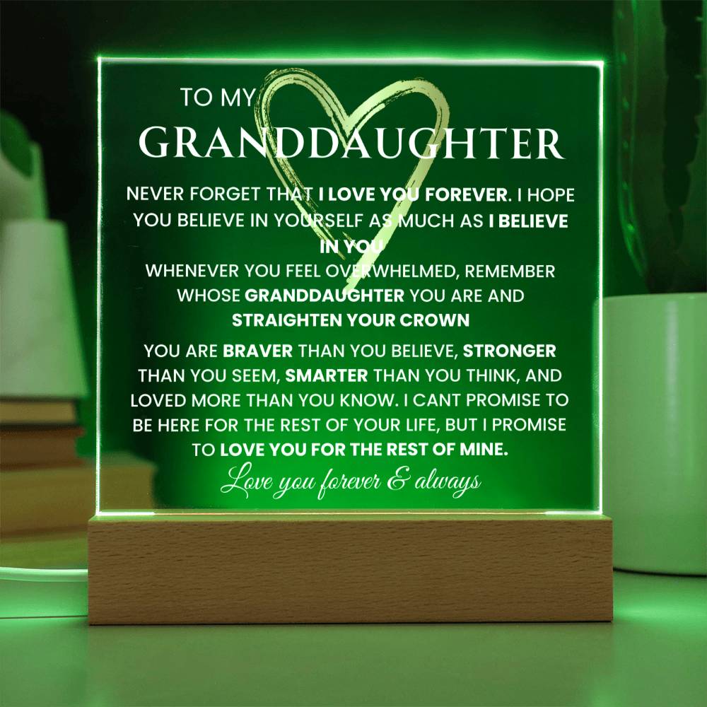 To My Granddaughter- "Never Forget That I Love You" | Granddaughter Gift| Birthday Gift| Keepsake with Nightlight LED option