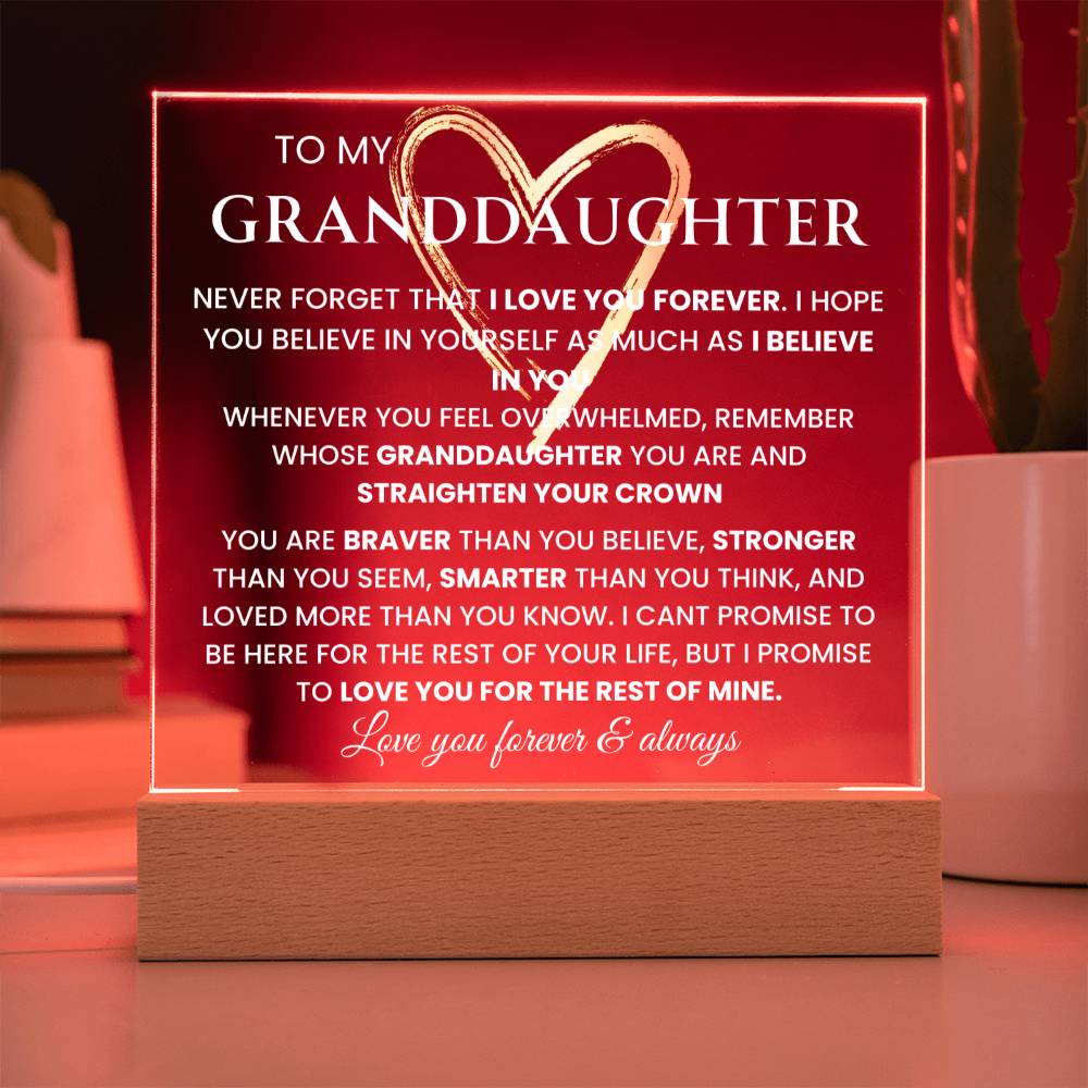 To My Granddaughter- "Never Forget That I Love You" | Granddaughter Gift| Birthday Gift| Keepsake with Nightlight LED option