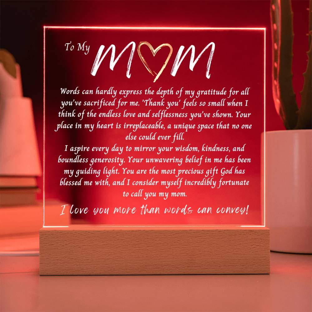 Mothers Day- Acrylic Plaque LED Gift for Her Gift for Mom Mom Gift Gift for Mother Birthday Mothers Day Gift From Daughter Bonus Mom