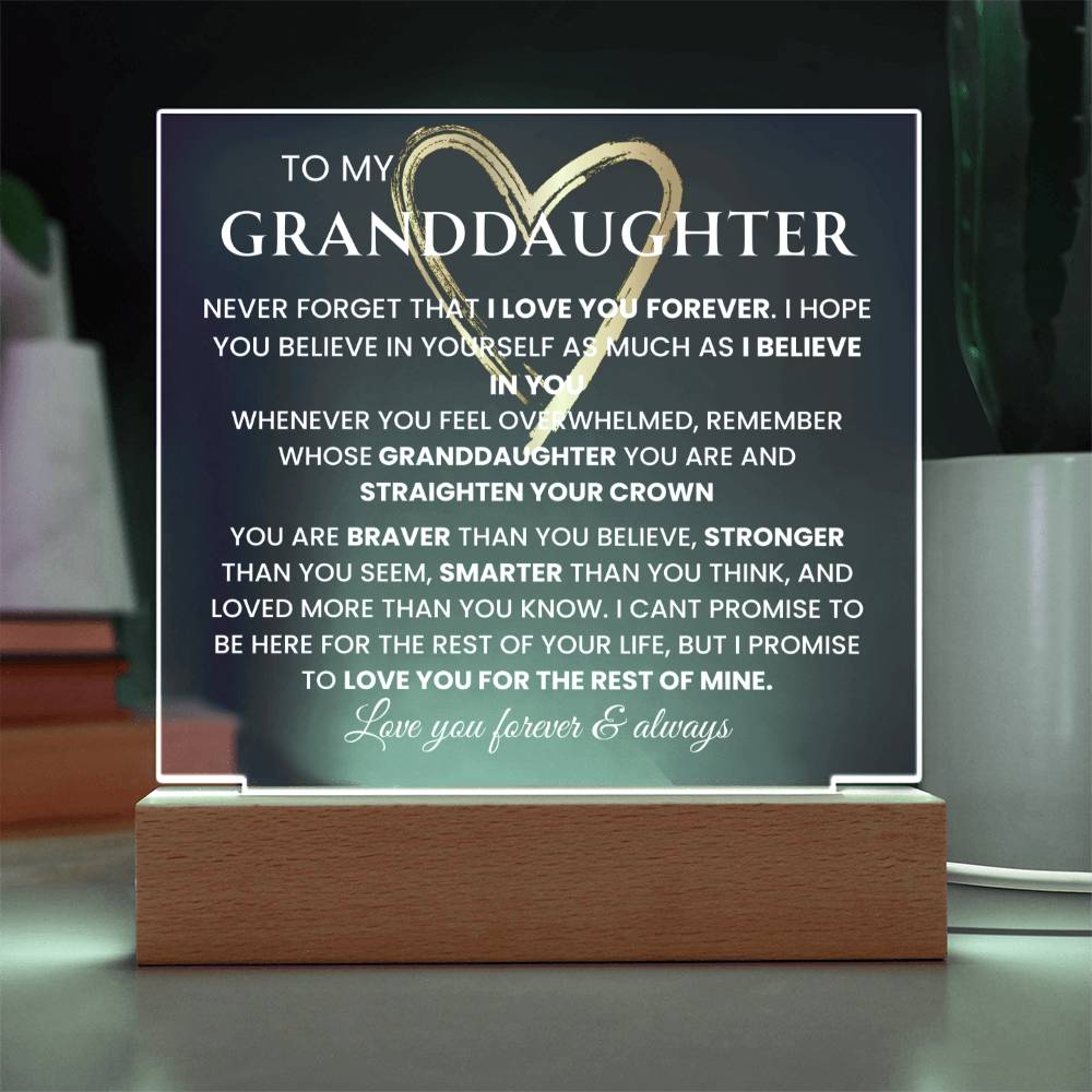 To My Granddaughter- "Never Forget That I Love You" | Granddaughter Gift| Birthday Gift| Keepsake with Nightlight LED option