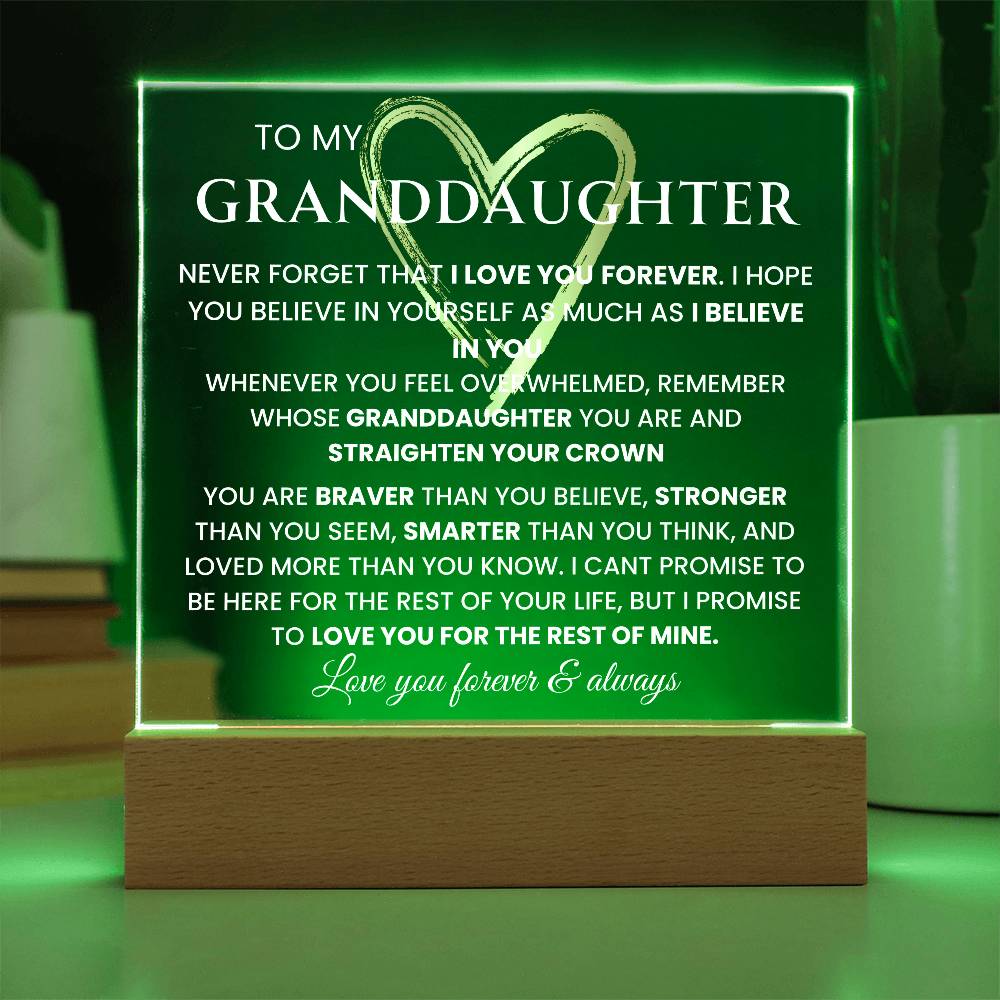 To My Granddaughter- "Never Forget That I Love You" | Granddaughter Gift| Birthday Gift| Keepsake with Nightlight LED option