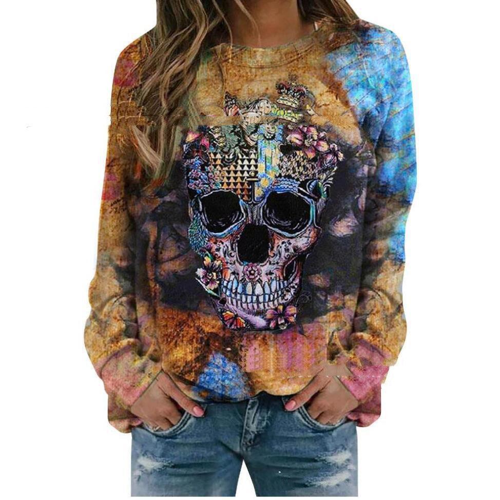 Halloween New 3D Digital Women's Long-sleeved Skull Print Sweater - iheartgiftcart