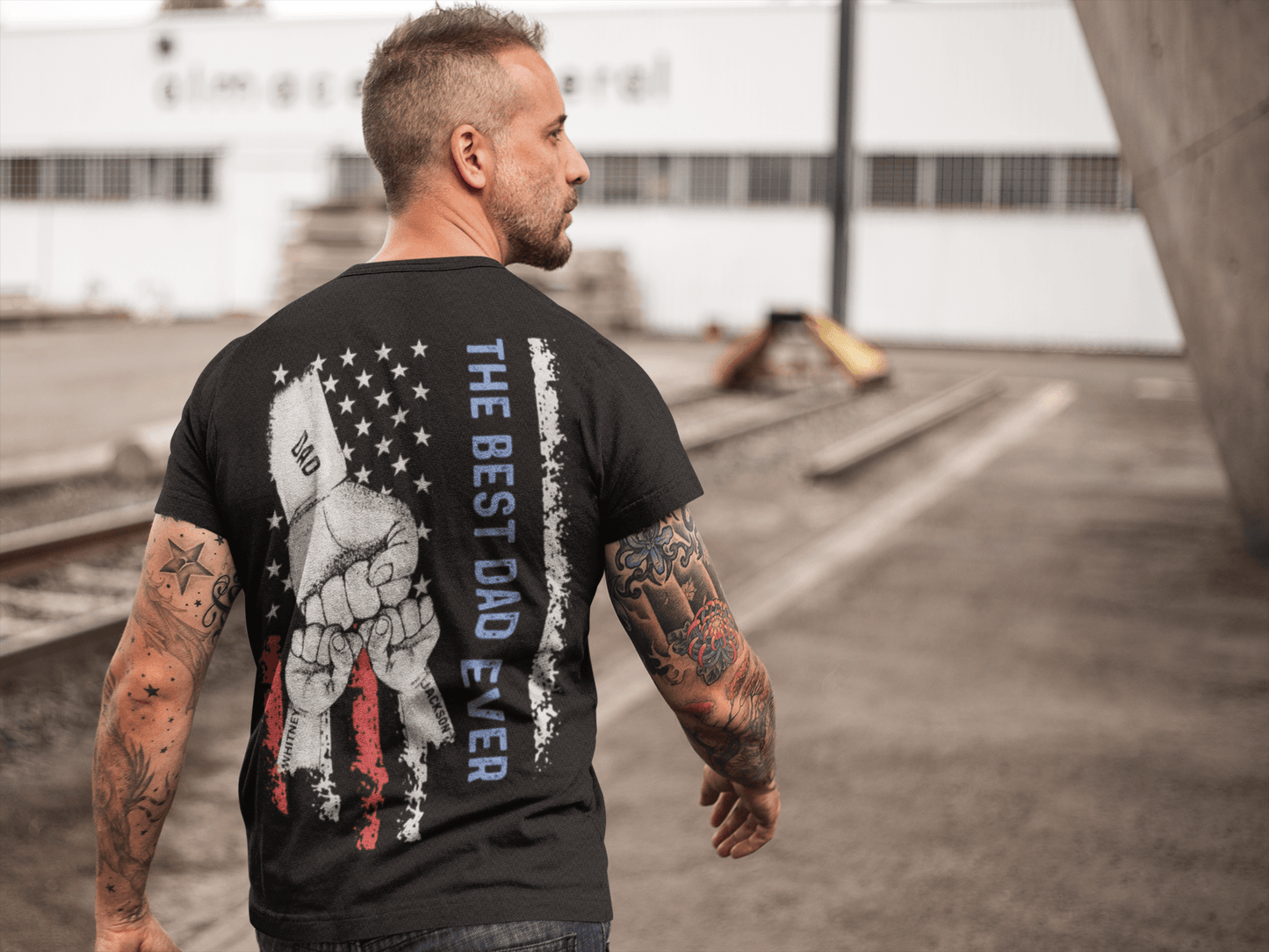 Personalized Patriotic Fist Bump up to 9 Kids| The Best Dad| The Best Grandpa, Pops |Uni-sex T-shirt (Back Printed) - iheartgiftcart